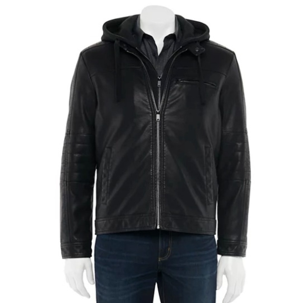 Apt 9 Faux Leather Moto Jacket Men XXL Removable Hooded Pockets $200